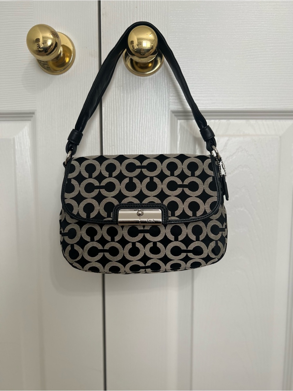 Coach Black and Grey Monogram Canvas Bag with Leather trim